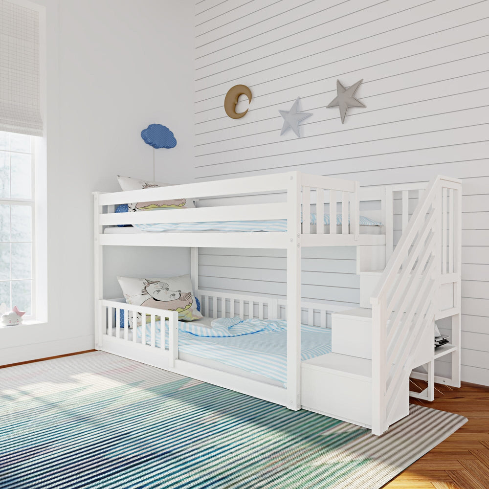 185220002309 : Bunk Beds Low Bunk With Stairs & Three Guard Rails, White