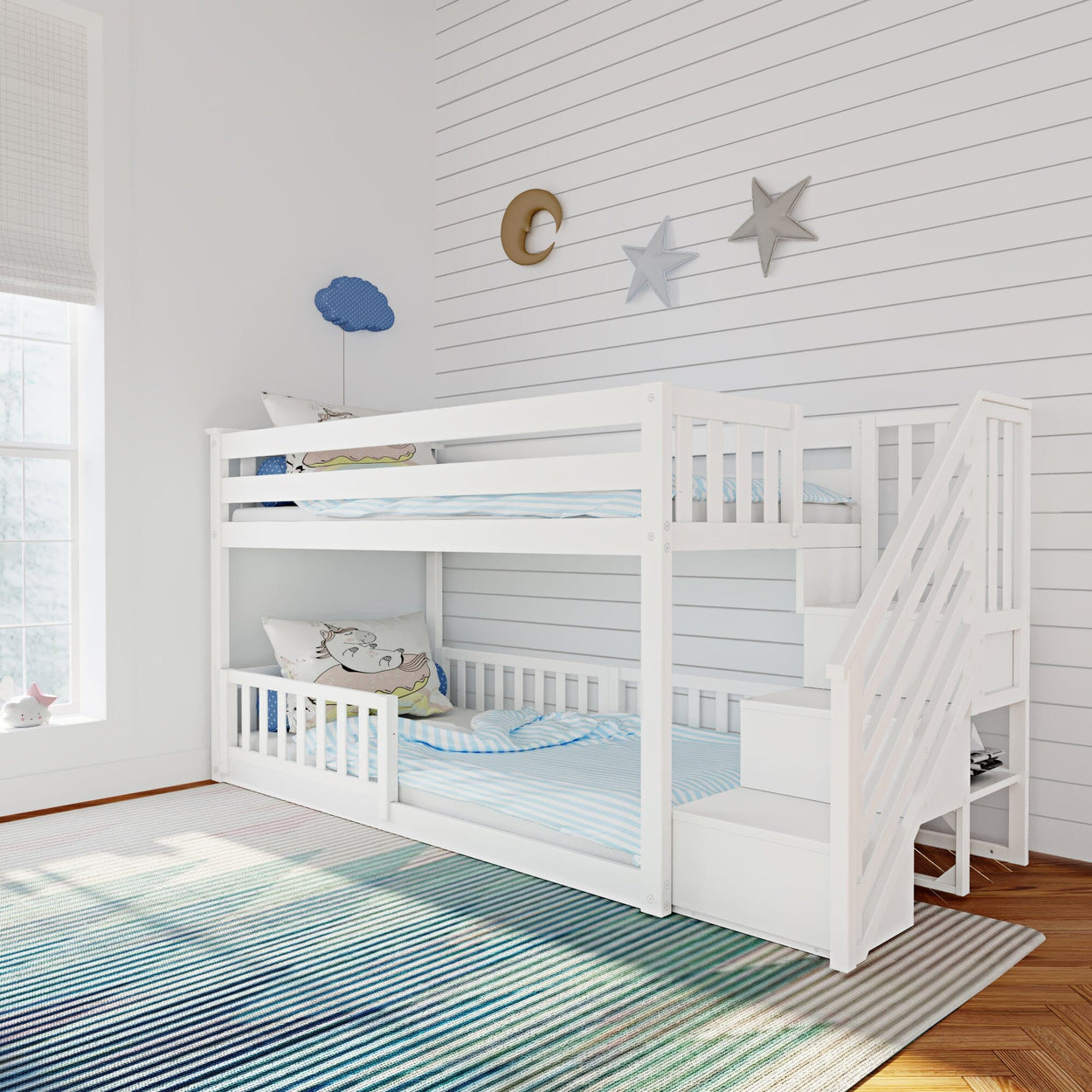 185220002309 : Bunk Beds Low Bunk with Stairs and Three Guard Rails, White