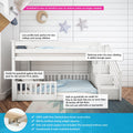 White solid pine low-profile bunk bed with staircase storage and removable safety guardrails, fits standard mattresses