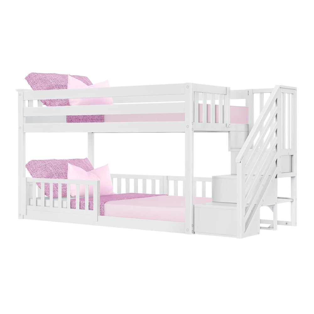 185220002309 : Bunk Beds Low Bunk With Stairs & Three Guard Rails, White