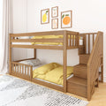 Solid wood twin-over-twin bunk bed with built-in storage stairs, yellow bedding and patterned pillows, fruit wall art and rug in a modern children's bedroom