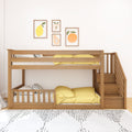 Wooden twin bunk bed with built-in stairs, yellow bedding and fruit wall art in modern children's bedroom