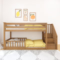 Modern wooden bunk bed with stairs and yellow bedding in a kids' bedroom — space-saving toddler and bunk bed design with fruit wall art