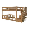 Solid wood bunk bed with staircase and built-in storage steps in honey oak finish, slatted guardrails, space-saving kids' bedroom furniture