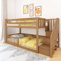Solid wood twin-over-twin bunk bed with built-in storage stairs, yellow bedding and fruit wall art in a modern kids' bedroom