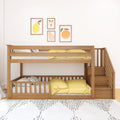 Wooden bunk bed with side stairs in children's bedroom, yellow bedding, fruit wall art and patterned rug
