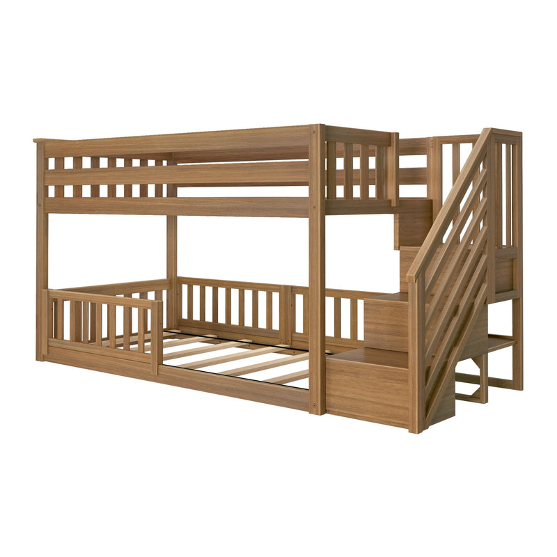 Wooden bunk bed with stairs and natural finish, ideal for children's bedrooms and space-saving furniture solutions.