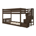 Dark brown solid-wood twin-over-full bunk bed with built-in storage staircase, safety rails and slatted platform — space-saving kids' bedroom furniture