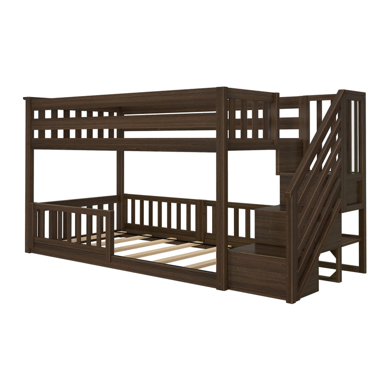 Rustic wooden bunk bed with staircase and storage drawers for kids' room.