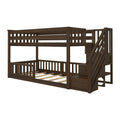 Dark brown wooden twin-over-full bunk bed with built-in storage staircase, safety rails and slatted mattress support for kids' bedroom