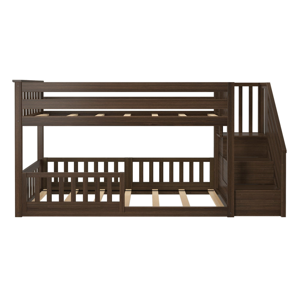 185220008309 : Bunk Beds Low Bunk With Stairs & Three Guard Rails, Walnut