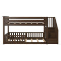 Dark espresso wood twin-over-full bunk bed with integrated storage staircase, slatted guardrails and full-length slats for kids' bedroom furniture