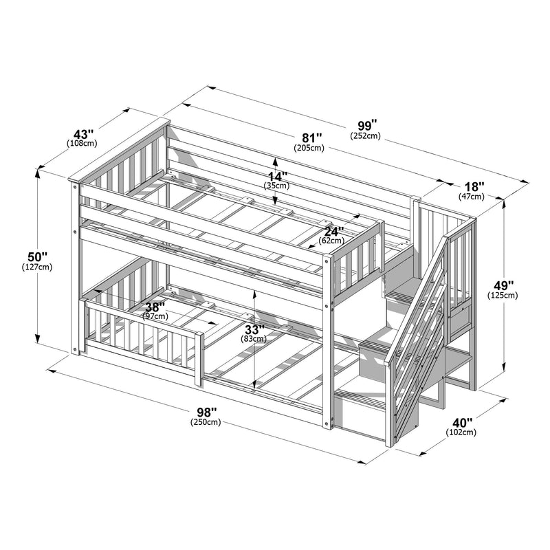 Isometric assembly diagram of a wooden three-level bunk bed with staircase, guardrails and slatted mattress supports, labeled dimensions in inches and centimeters for length, height and spacing — bunk bed dimensions and assembly guide