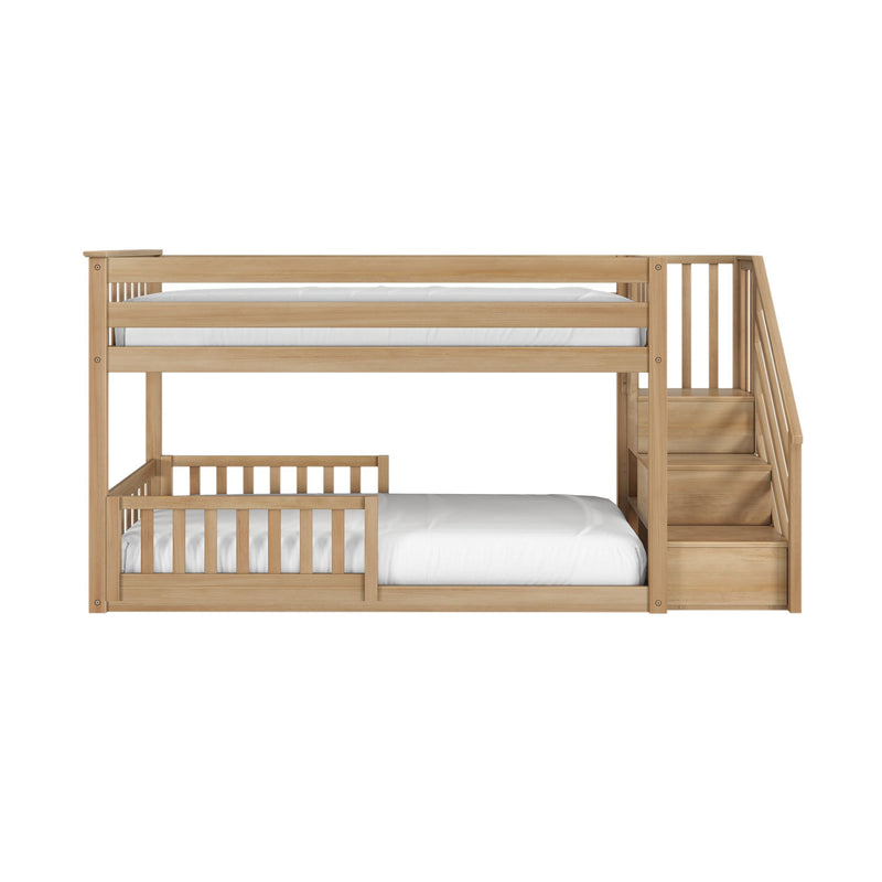 Natural solid wood twin-over-full bunk bed with built-in staircase and storage, space-saving kids bedroom furniture