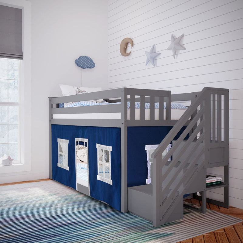 Gray kids' loft bed with stairs and curtain tent in modern bedroom.