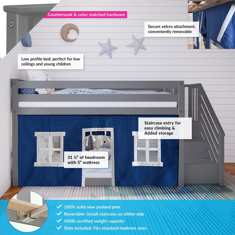 Loft bed with reversible staircase, blue tent curtain, solid pine construction, ideal for children and low ceilings.