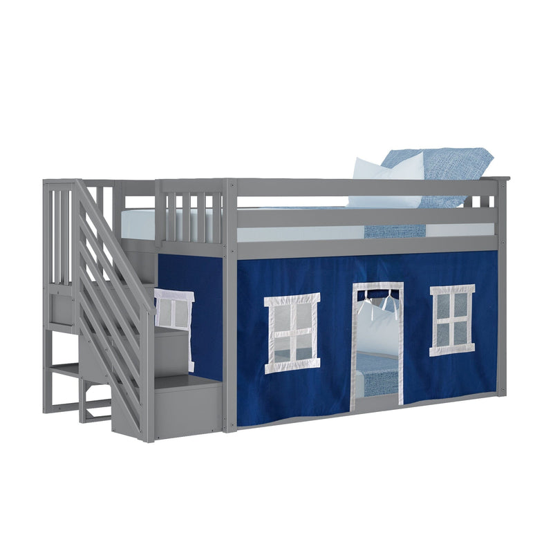 Gray children's loft bed with blue playhouse curtain and stairs.