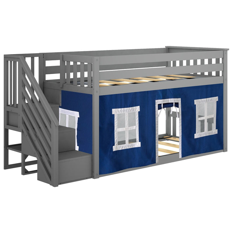 Gray wooden loft bed with blue tent and staircase, ideal for kids' room furniture and space-saving solutions.