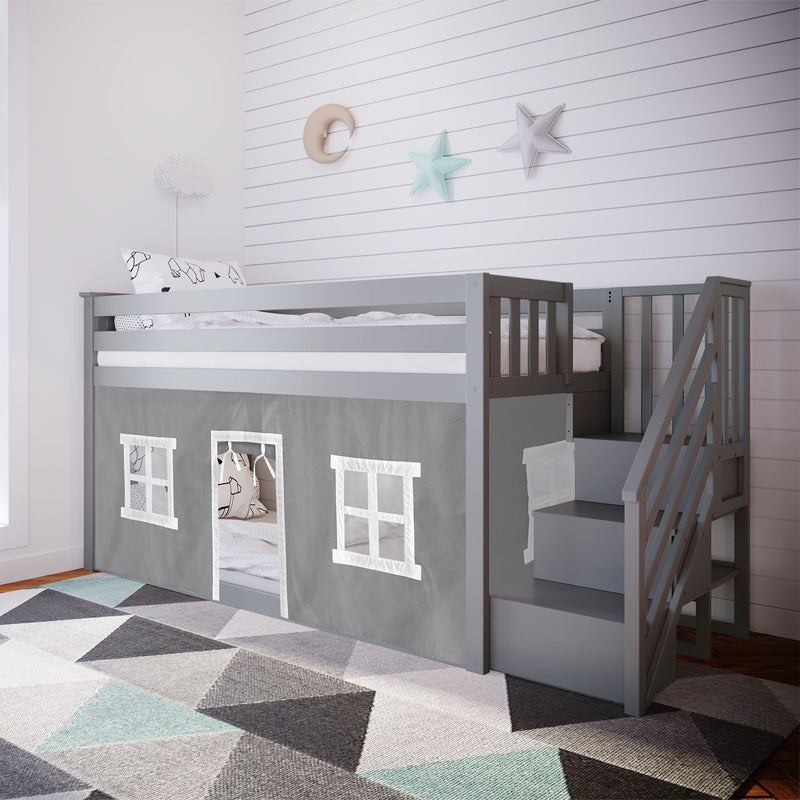 Children's loft bed with playhouse design, stairs, and decorative wall stars in modern kids' bedroom.
