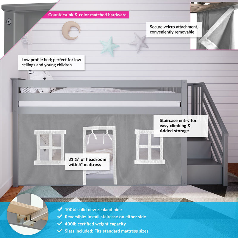 Loft bed with playhouse design for kids, featuring a staircase entry, solid New Zealand pine construction, reversible staircase, and removable velcro curtain, ideal for low ceilings and young children.