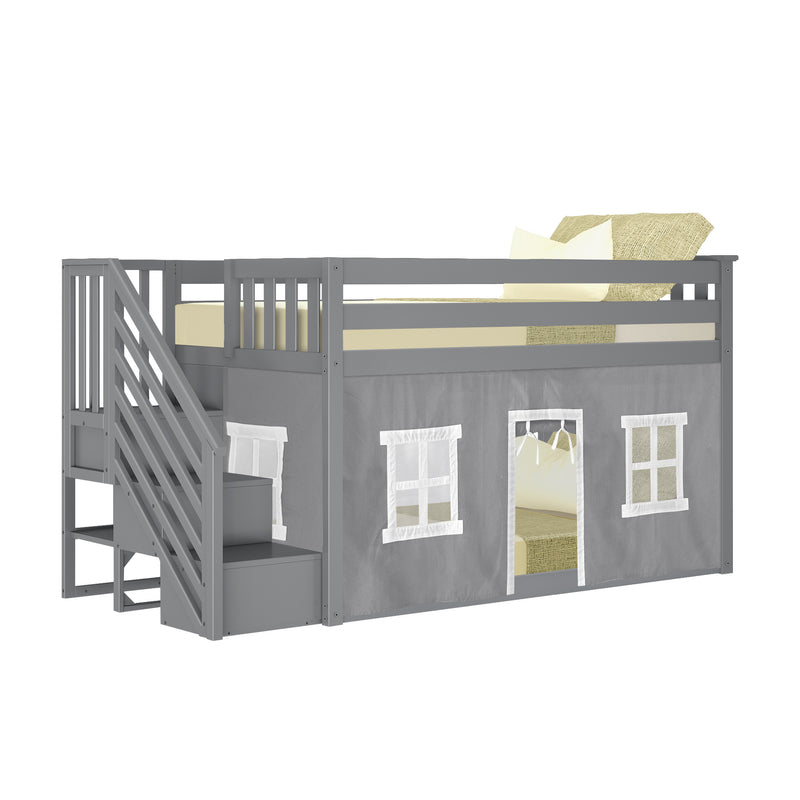 Gray loft bed with stairs, featuring a playhouse design and top mattress, perfect for kids' bedrooms.