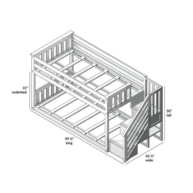 Diagram of a wooden bunk bed with dimensions, including stairs on the side, ideal for optimizing small bedroom spaces.