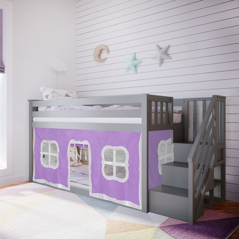 185220121061 : Bunk Beds Twin Over Twin Low Bunk Bed With Staircase & Purple Curtains, Grey