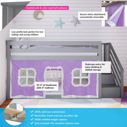 185220121061 : Bunk Beds Twin Over Twin Low Bunk Bed With Staircase & Purple Curtains, Grey