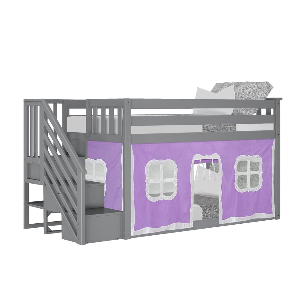 185220121061 : Bunk Beds Twin Over Twin Low Bunk Bed With Staircase & Purple Curtains, Grey