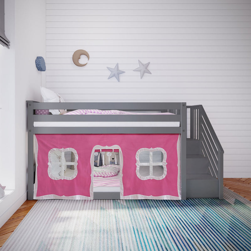Gray loft bed with pink tent curtain for kids' bedroom with modern decor.