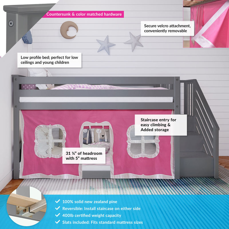 Wooden loft bed with pink tent cover, staircase entry, and storage; ideal for low ceilings and young children. Made from solid New Zealand pine, reversible staircase, and fits standard mattress sizes.