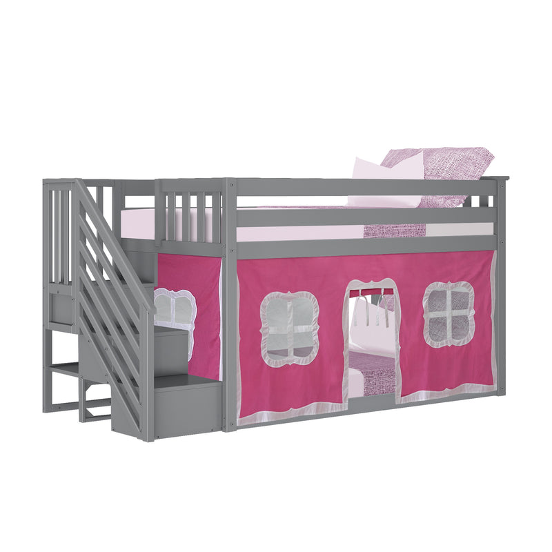 Gray wooden loft bed with pink playhouse curtains and built-in staircase for kids' bedroom.
