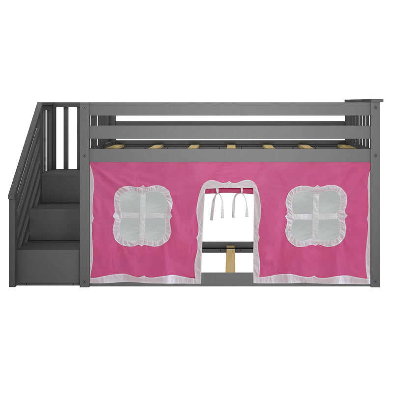 Gray children's loft bed with pink curtain and stairs, perfect for small bedrooms and play areas.