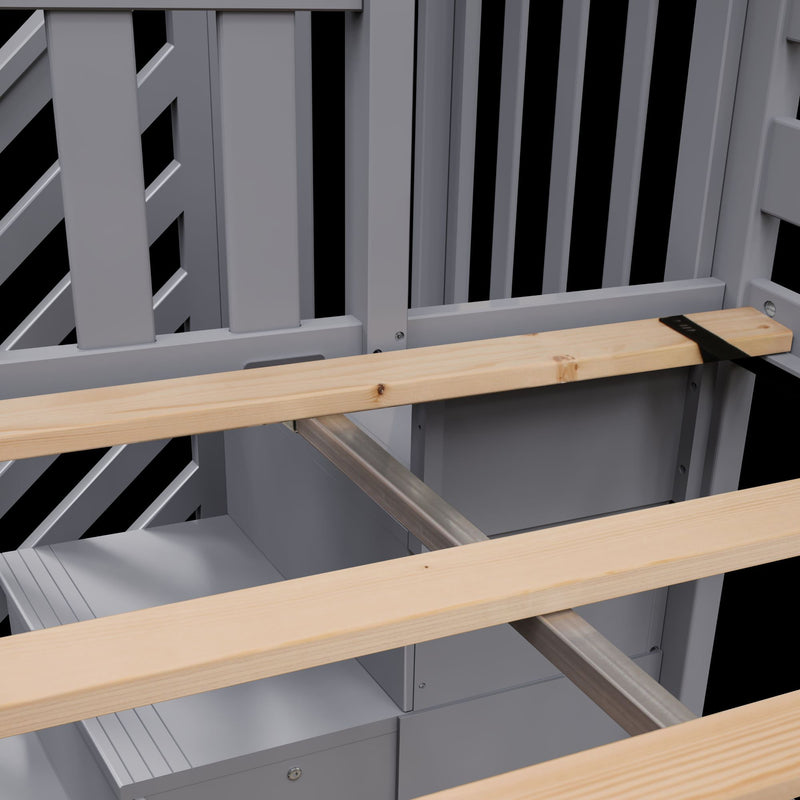 Wooden slats on a modern gray metal frame for furniture design and construction.