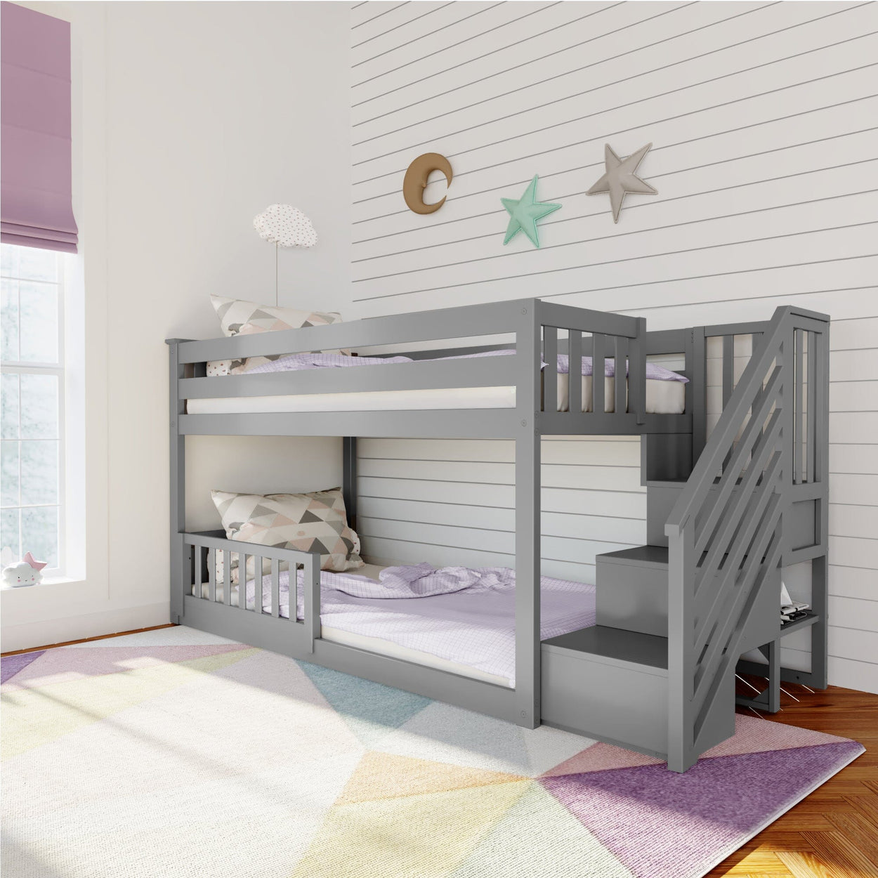 185220121109 : Bunk Beds Low Bunk with Stairs and Single Guard Rail, Grey