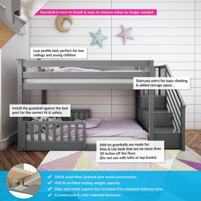 Gray bunk bed with staircase and safety guardrails, ideal for low ceilings and young children, featuring New Zealand pine wood construction and storage stairs.