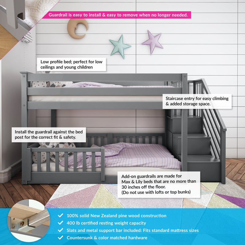 Bunk bed with guardrails and staircase, ideal for children's rooms with low ceilings; features include storage space, solid New Zealand pine wood construction, and safety installation guide.