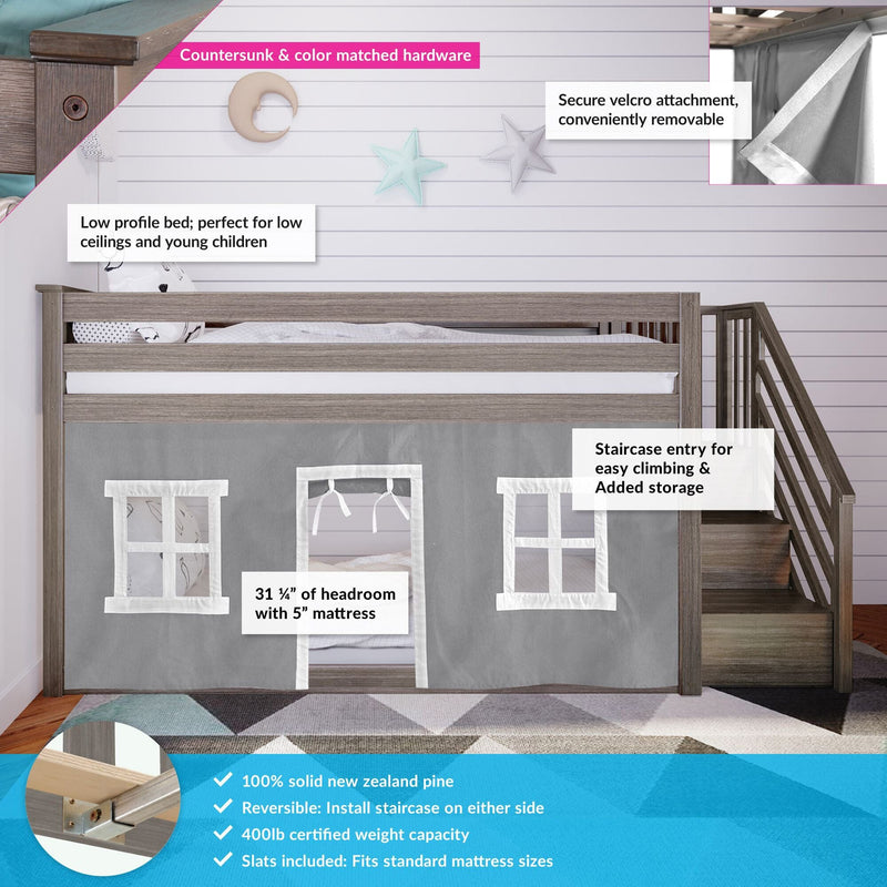 Loft bed with play tent, low profile design, staircase with storage, solid New Zealand pine, fits standard mattress sizes.