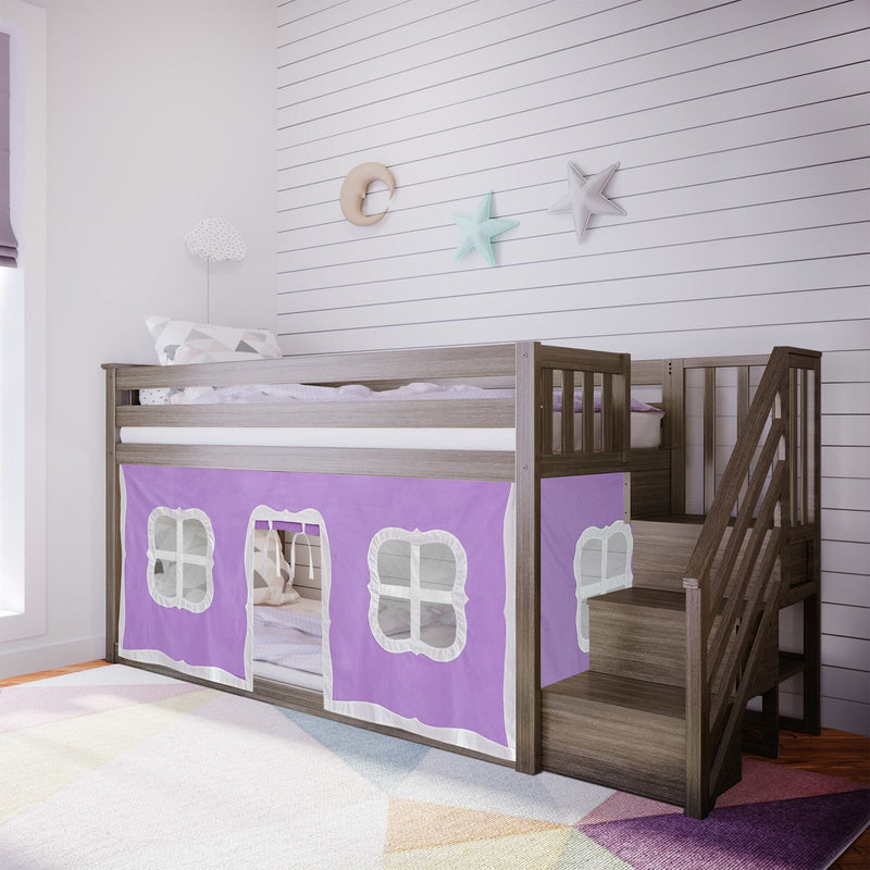Wooden twin loft bed with staircase and purple play-tent curtain in a kids' bedroom with white shiplap wall, pastel geometric rug, and star-and-moon wall decor