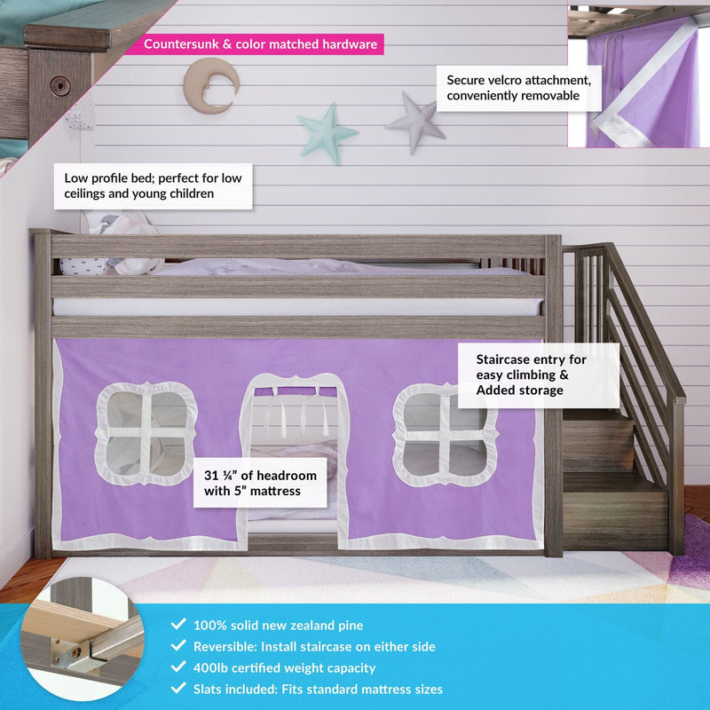 Kids loft bed with staircase and storage in gray wood finish, purple play-tent curtains, low-profile design, 100% solid New Zealand pine, reversible staircase, 31¼" headroom with 5" mattress and 400 lb capacity