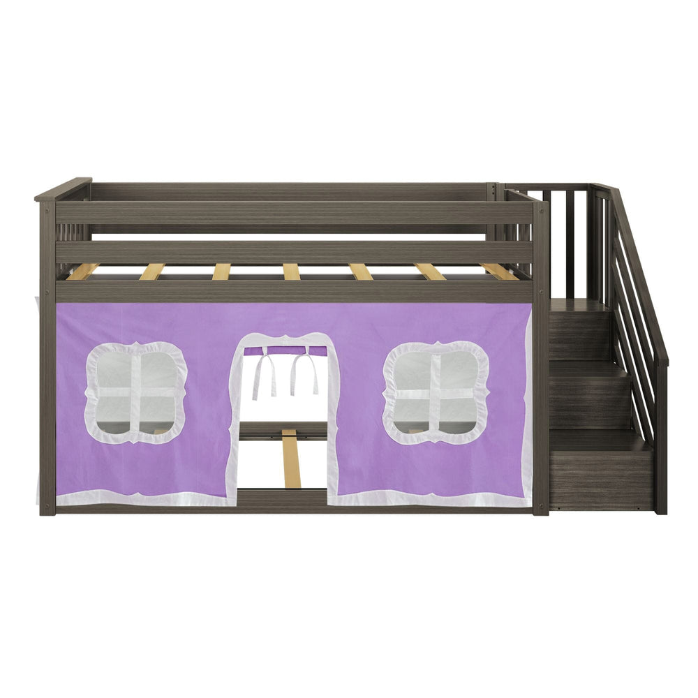 185220151061 : Bunk Beds Twin Over Twin Low Bunk Bed With Staircase & Purple Curtains, Clay