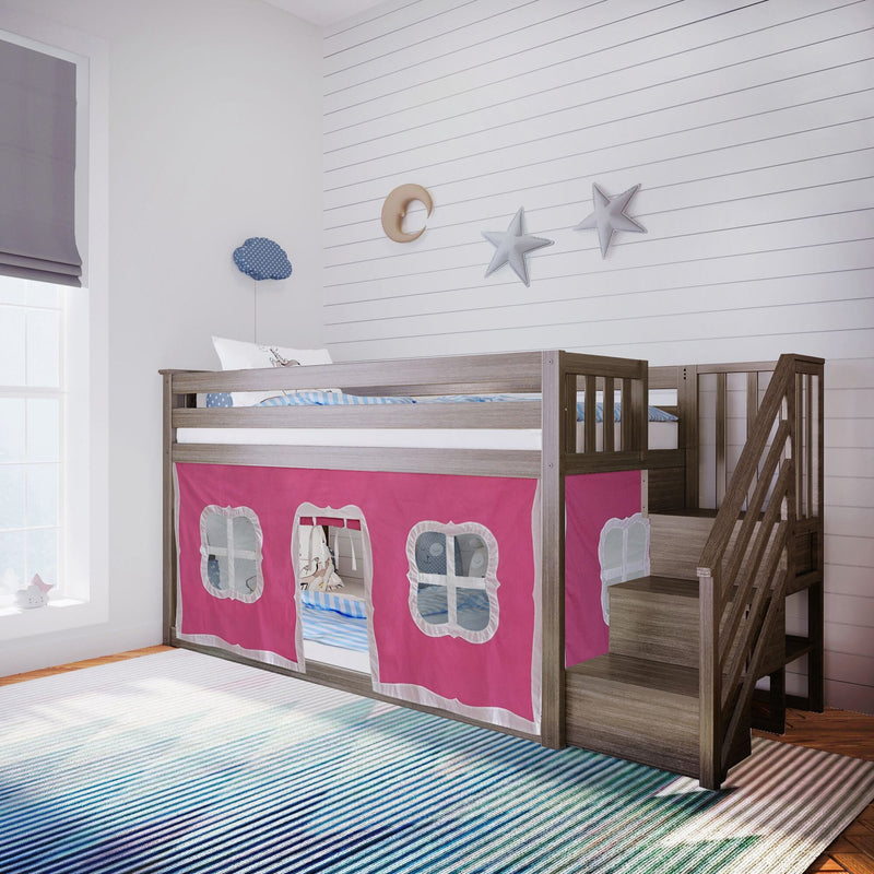 Kids' loft bed with pink playhouse curtain and wooden stairs in stylish bedroom.