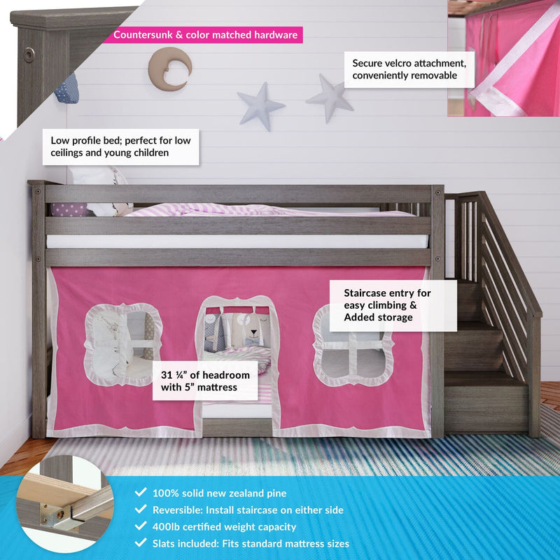 Low profile kids bunk bed with pink fabric cover, removable velcro attachment, staircase entry, and solid New Zealand pine construction.