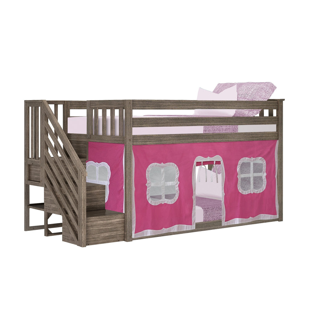 185220151078 : Bunk Beds Twin Over Twin Low Bunk Bed With Staircase & Pink Curtains, Clay