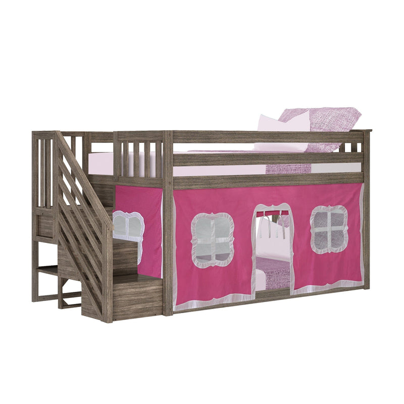 Wooden loft bunk bed with pink playhouse tent and staircase, perfect for kids' bedroom.