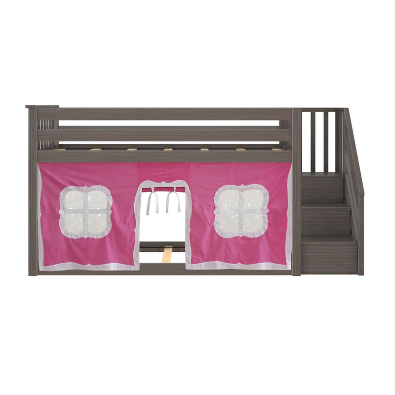 Gray wooden loft bed with pink tent and staircase, ideal for kids' room furniture.