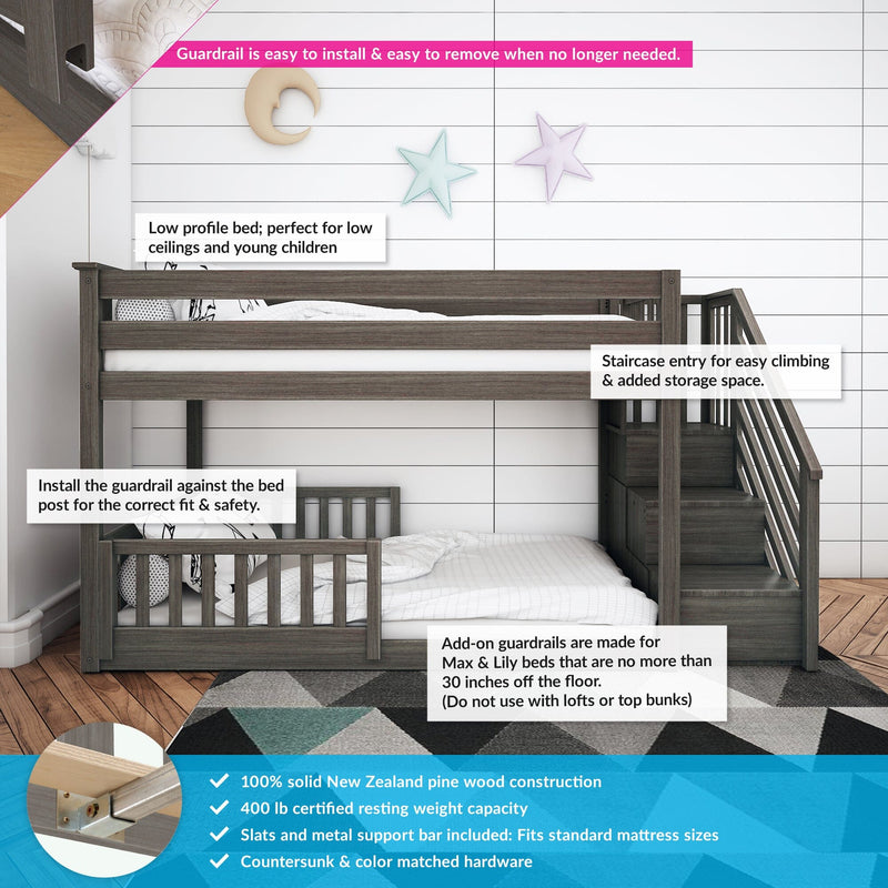 Wooden bunk bed with staircase storage, guardrails, and features for children's safety in a modern bedroom setting.