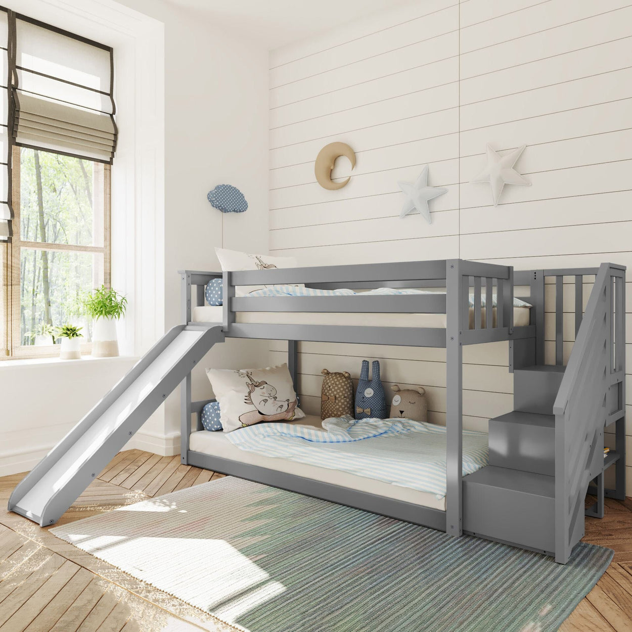 185221-121 : Bunk Beds Low Bunk w/ Staircase Bunk with Slide, Grey