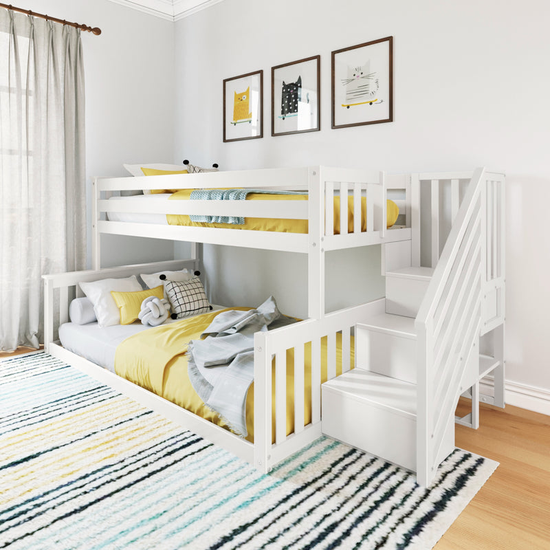 White bunk bed with storage steps in a cozy children's room with yellow bedding and playful cat art on the wall.