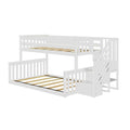 White wooden twin-over-full bunk bed with staircase, built-in storage drawers and shelves, slatted mattress supports and safety rails, modern space-saving kids bedroom furniture